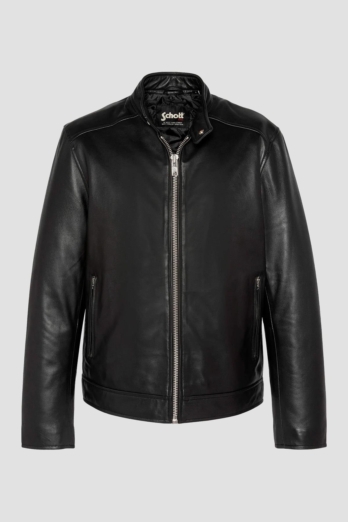 Black lambskin biker jacket from Schott: zip closure, four pockets. - Image n°6