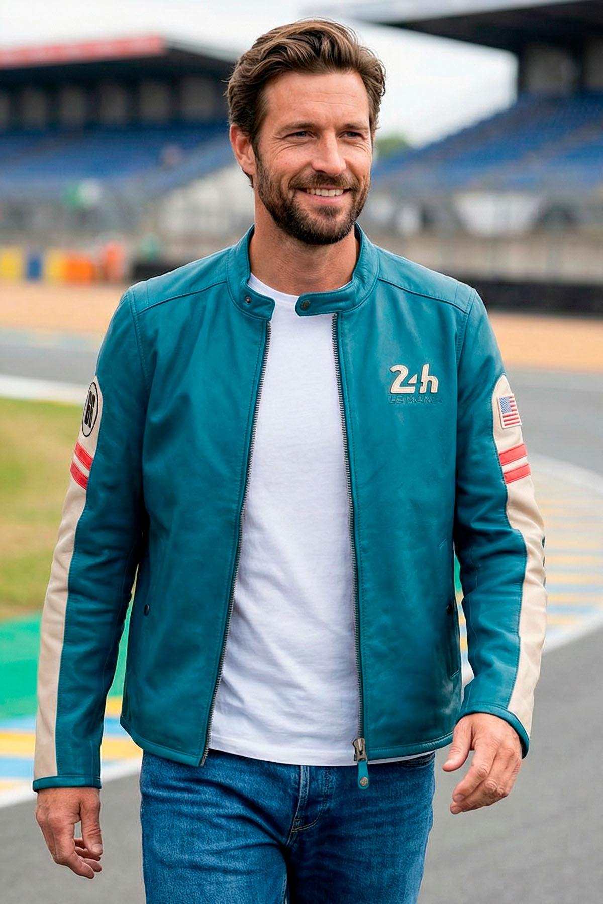 Sheep leather jacket in mallard blue. Le Mans-inspired, sporty style. - Image n°1