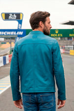 Sheep leather jacket in mallard blue. Le Mans-inspired, sporty style. - Image n°2