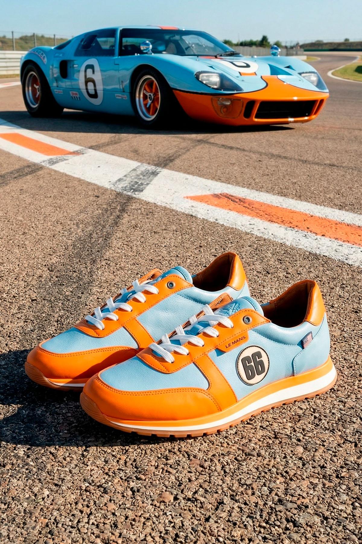 Le Mans 66 sky blue and orange leather sneakers - Image n°1