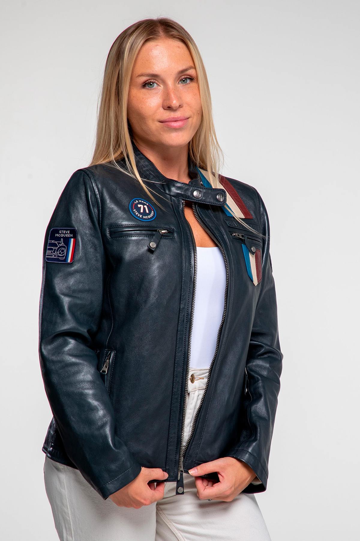 Women's navy blue racing leather jacket - Image n°3