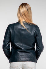 Women's navy blue racing leather jacket - Image n°2