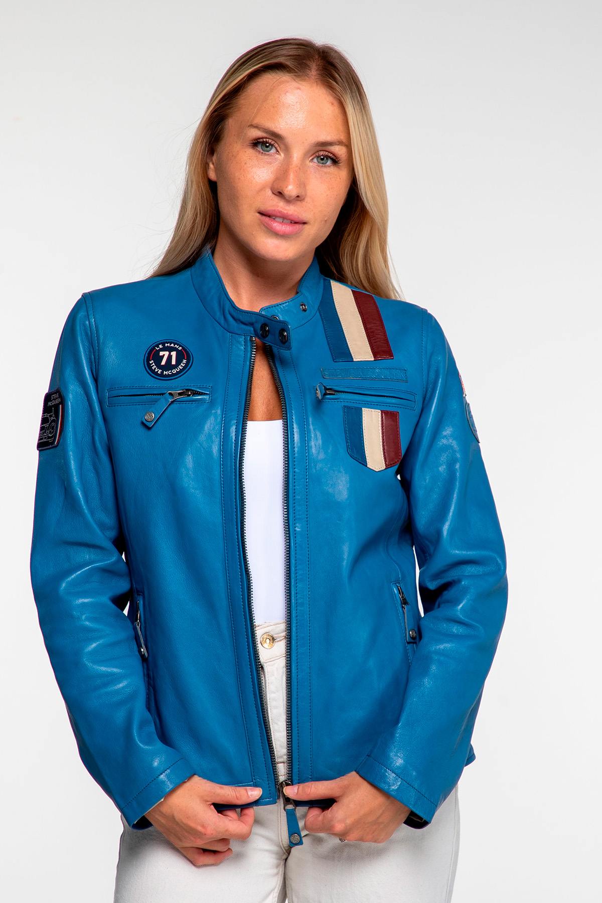 Women's blue racing leather jacket - Image n°1