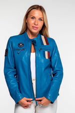 Women's blue racing leather jacket - Image n°1