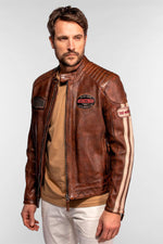 Brown leather racing jacket with a vintage look - Image n°1