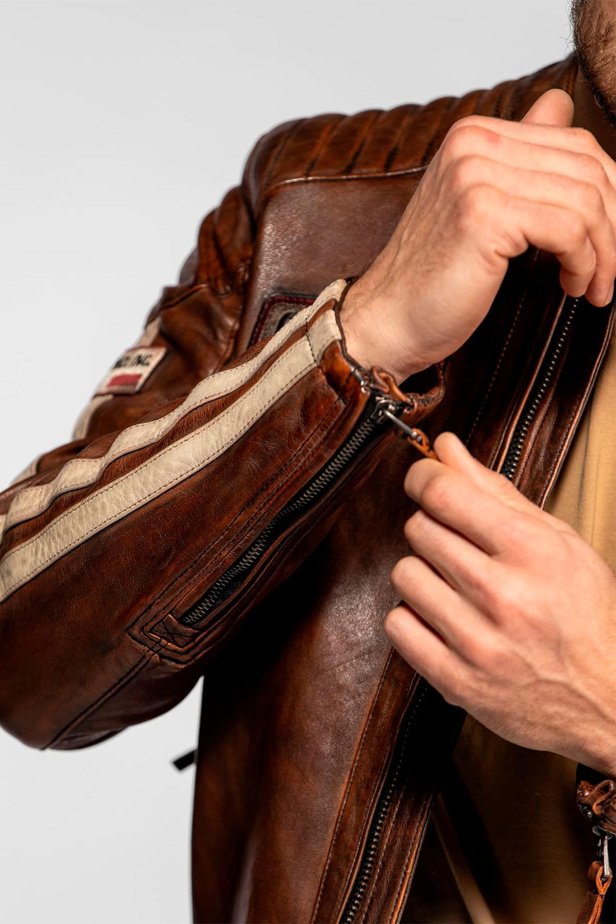 Brown leather racing jacket with a vintage look - Image n°6