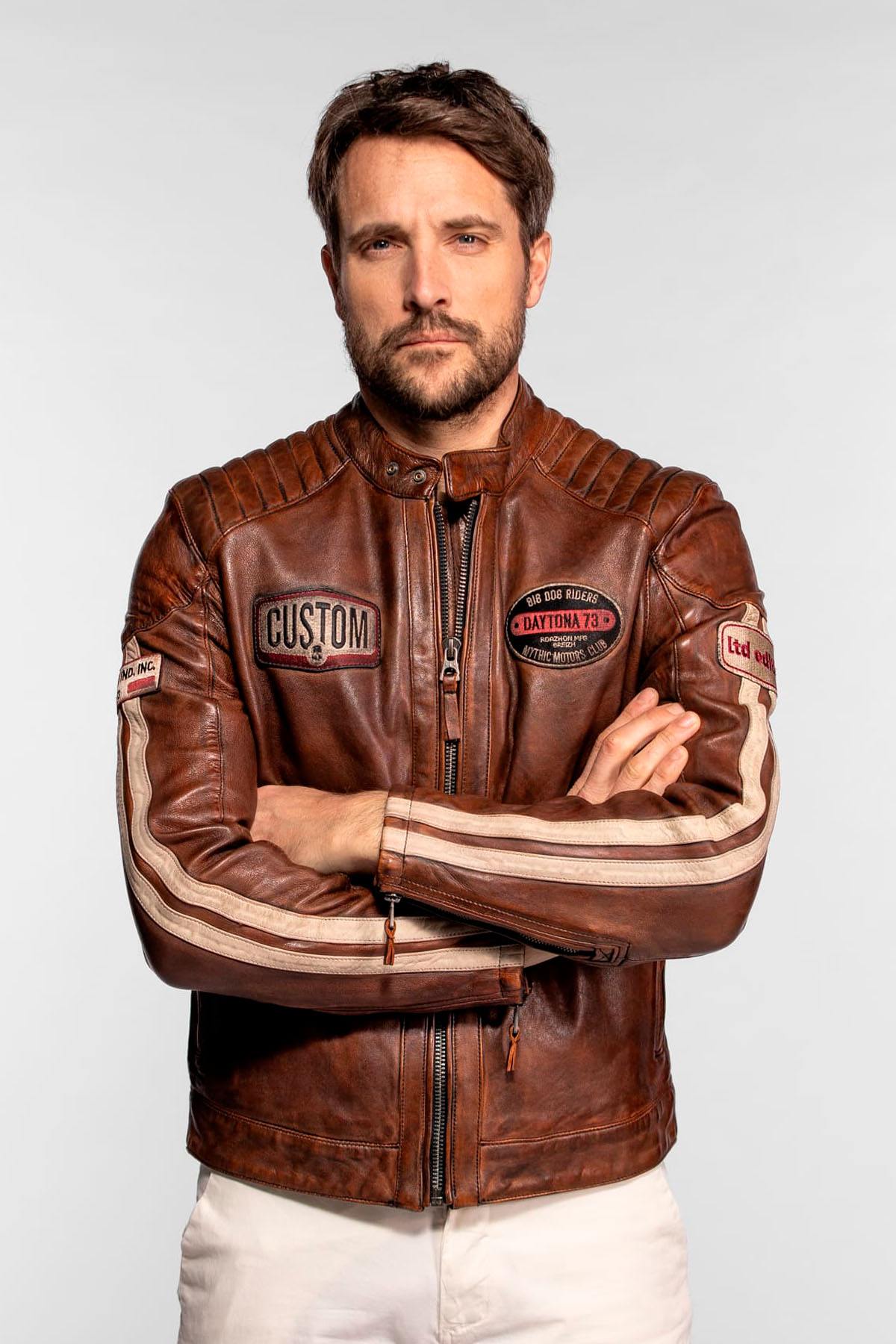 Brown leather racing jacket with a vintage look - Image n°3