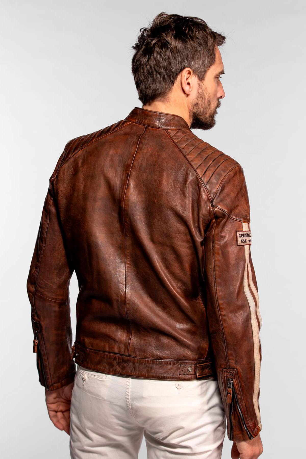 Brown leather racing jacket with a vintage look - Image n°5