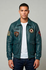 Ocean blue leather aviator jacket with shirt collar - Image n°1