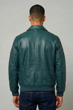 Ocean blue leather aviator jacket with shirt collar - Image n°2
