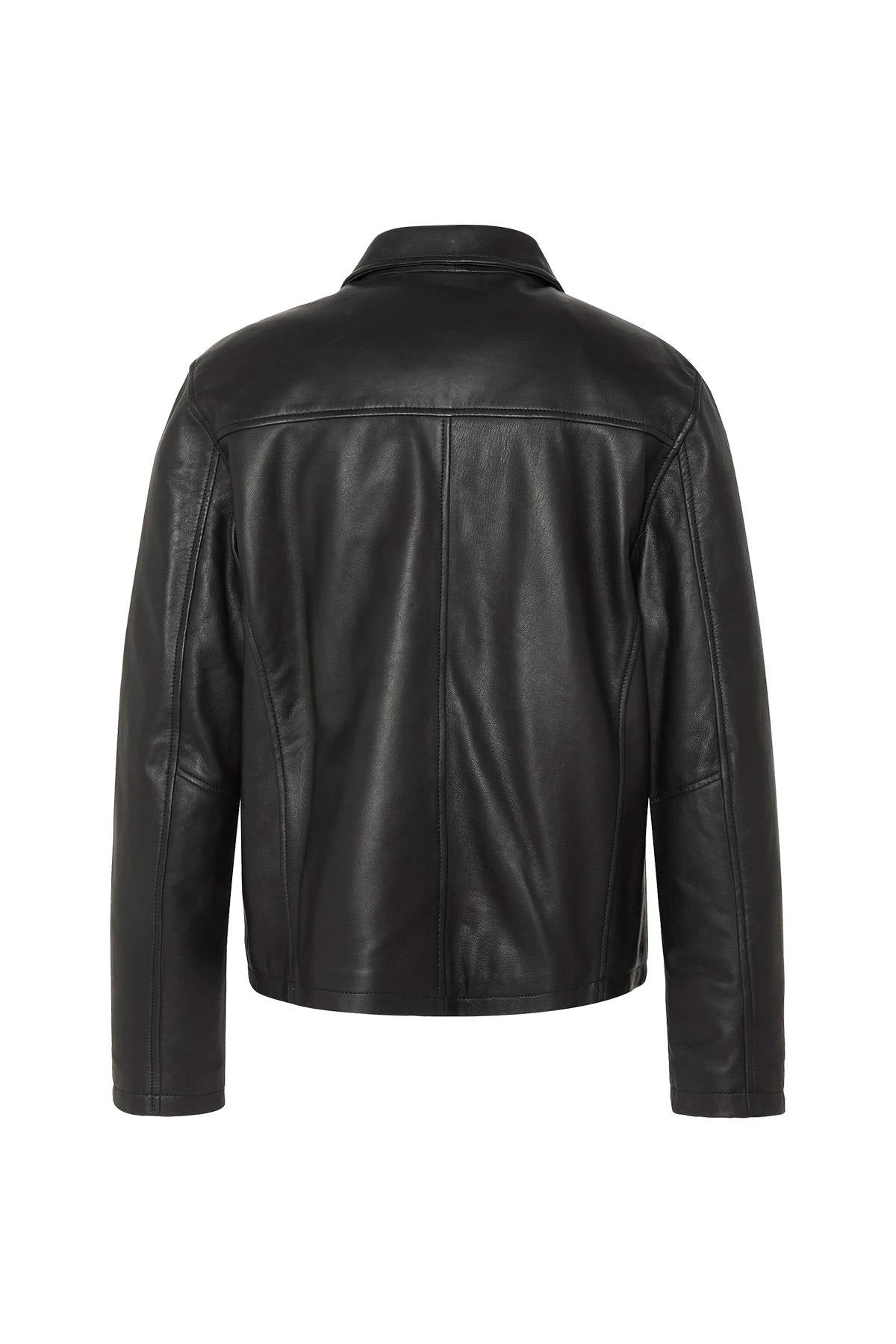Black simple shirt-collar leather jacket - Image n°9