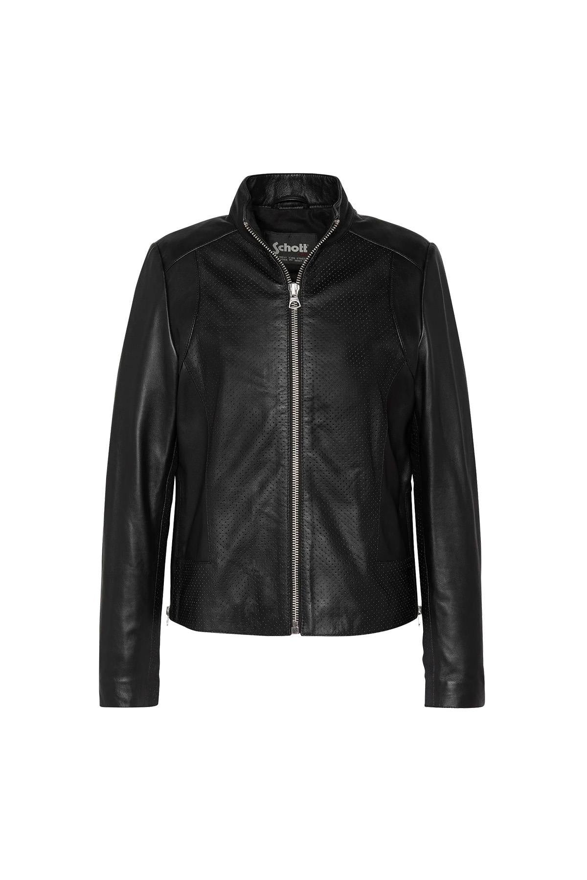 Women's black leather openwork jacket with round neck - Image n°1