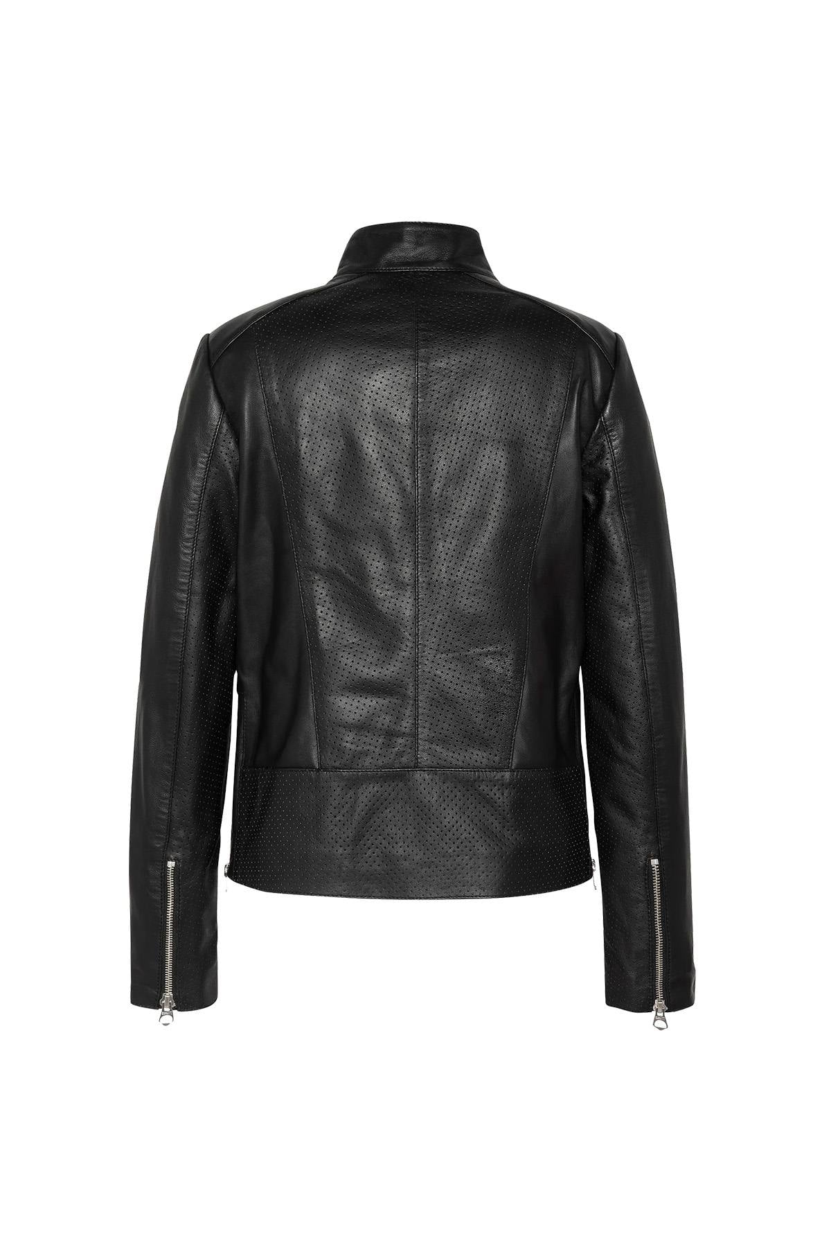 Women's black leather openwork jacket with round neck - Image n°3