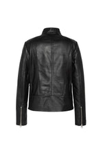 Women's black leather openwork jacket with round neck - Image n°3