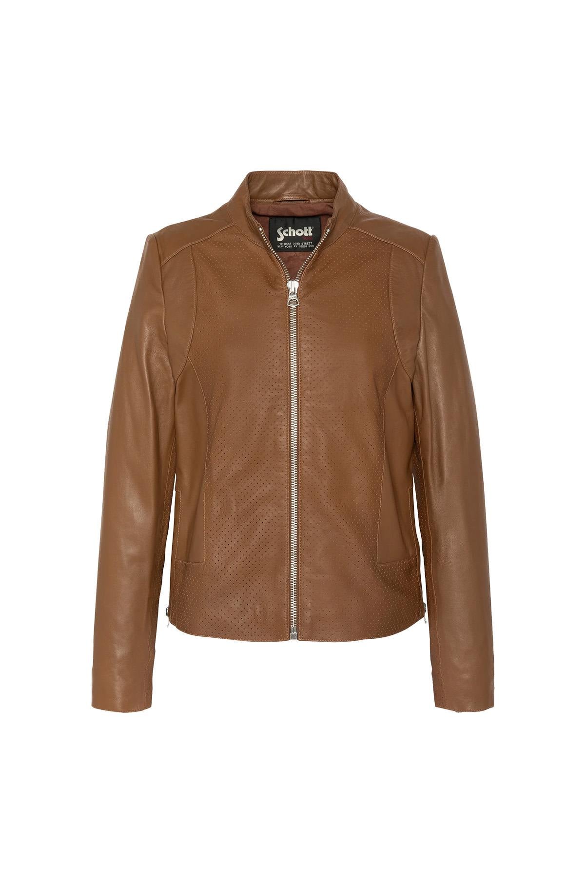 Women's brown perforated leather jacket with round neck - Image n°6