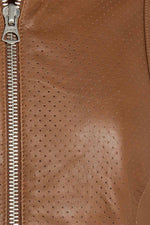 Women's brown perforated leather jacket with round neck - Image n°2