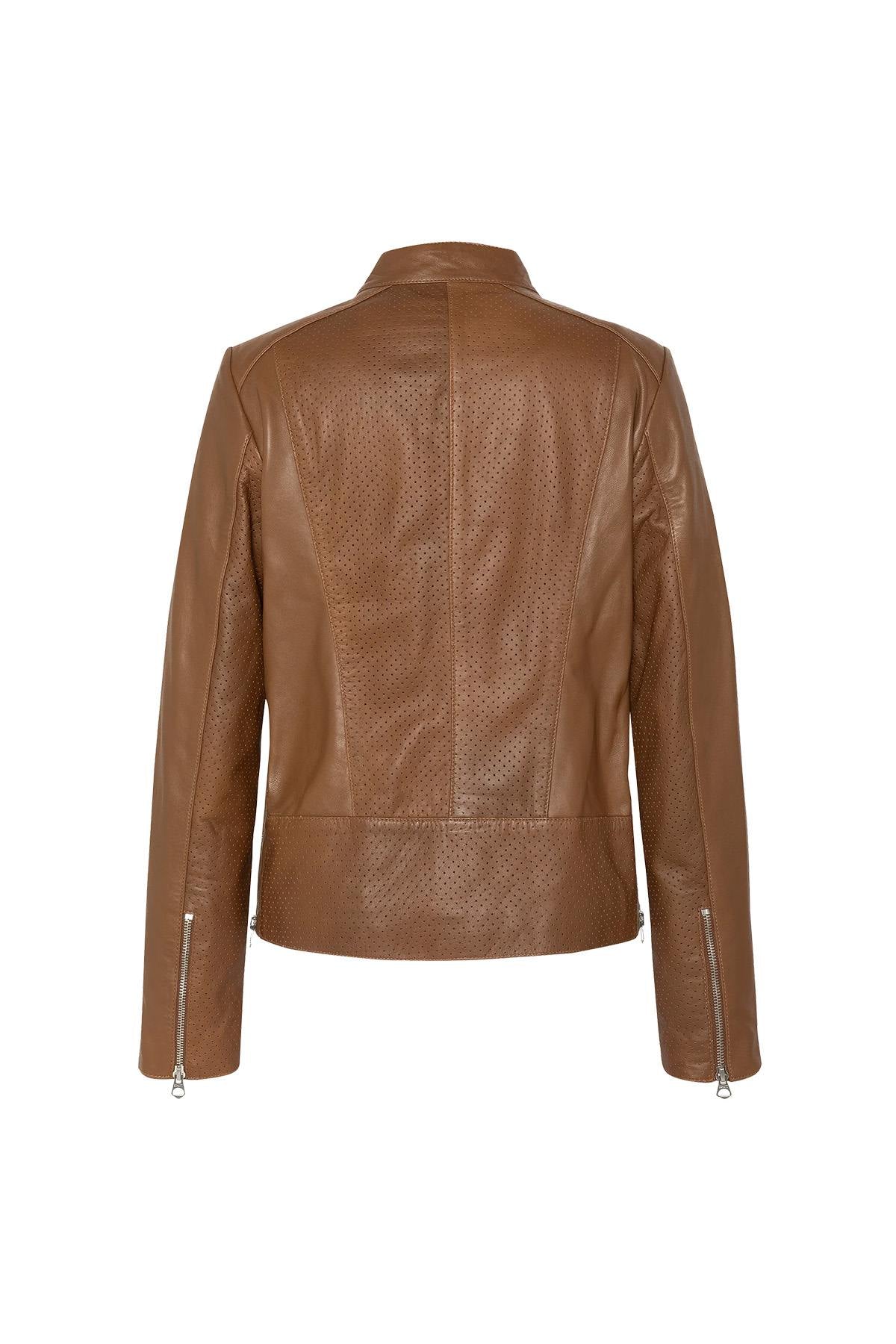 Women's brown perforated leather jacket with round neck - Image n°3