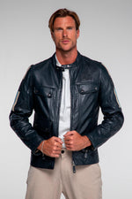 Navy blue racing-style leather jacket with biker collar - Image n°1