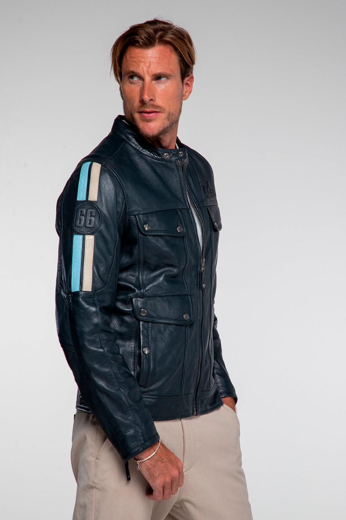 Navy blue racing-style leather jacket with biker collar - Image n°6