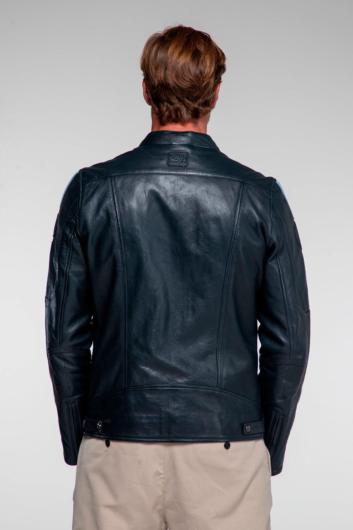 Navy blue racing-style leather jacket with biker collar - Image n°5