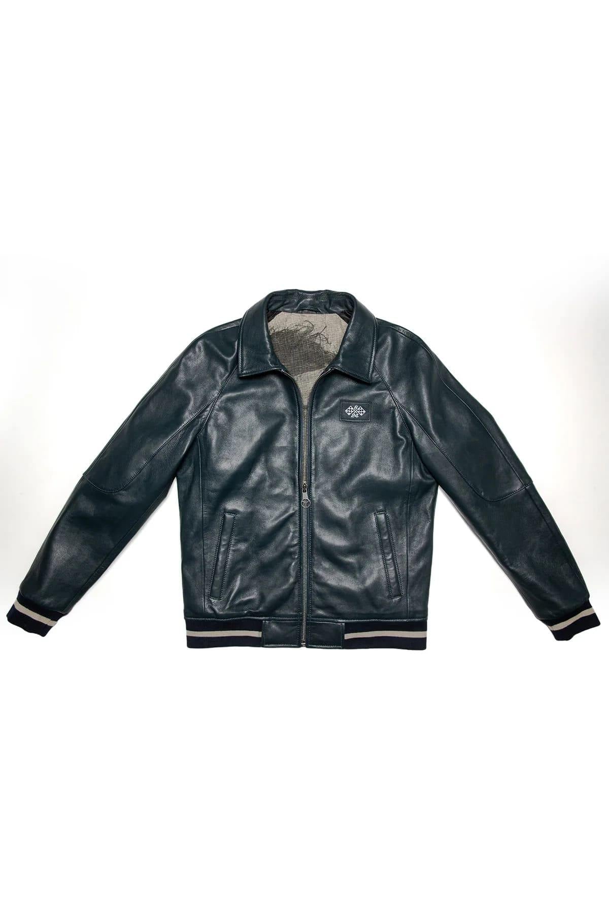 Jacky Ickx navy blue leather jacket with shirt collar - Image n°5