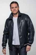 Jacky Ickx navy blue leather jacket with shirt collar - Image n°2