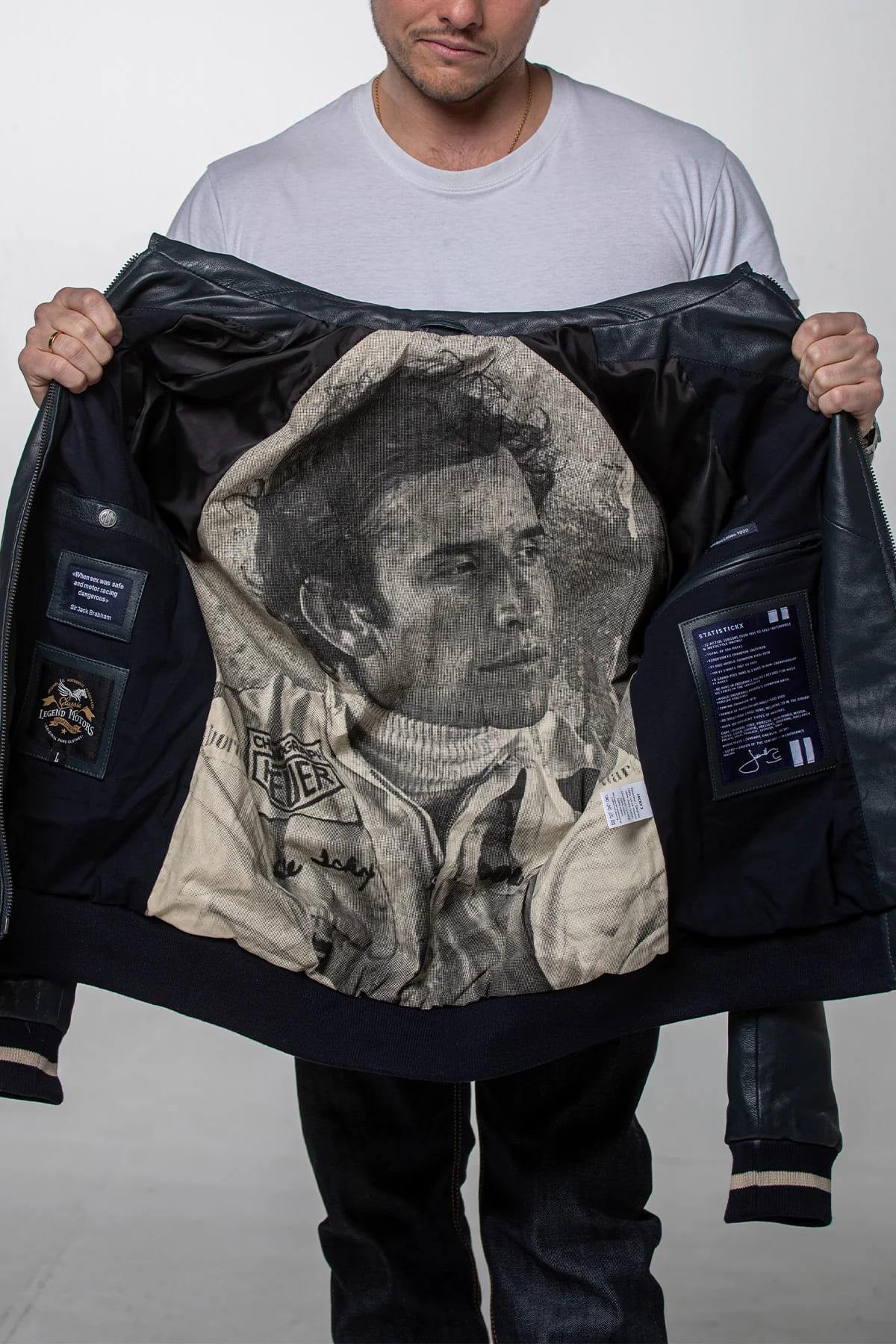 Jacky Ickx navy blue leather jacket with shirt collar - Image n°3