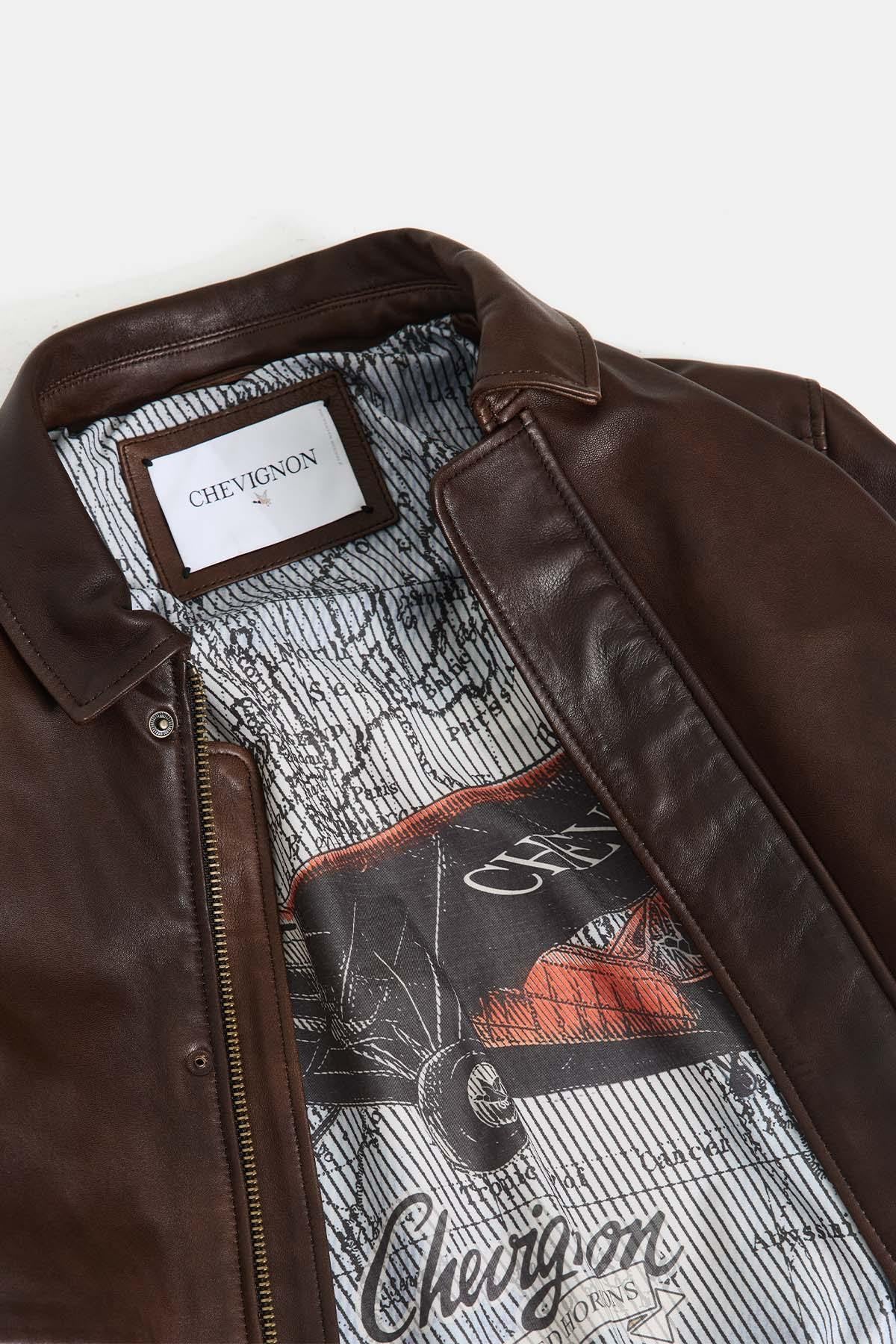 Brown leather aviator jacket with embossed back - Image n°4