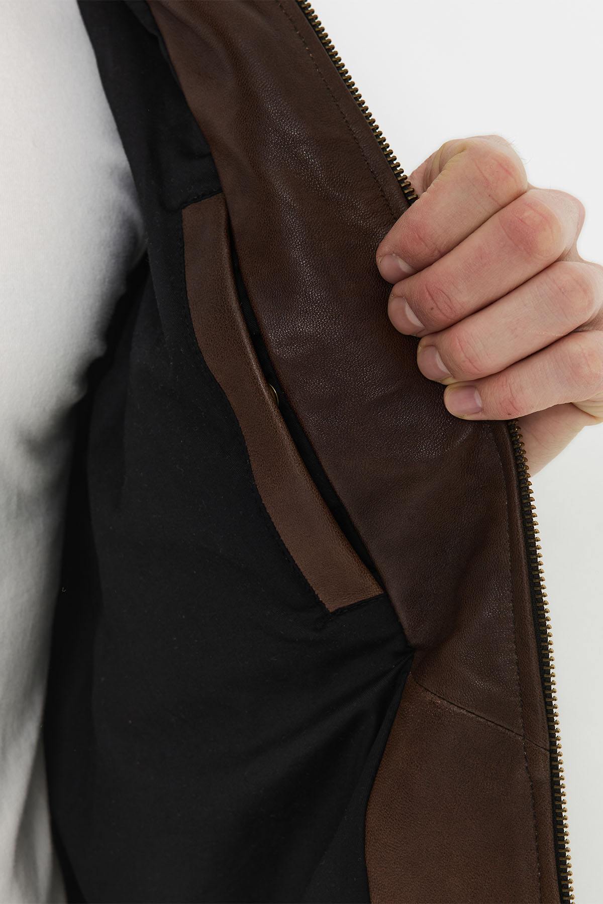 Brown leather jacket with removable black hood - Image n°6