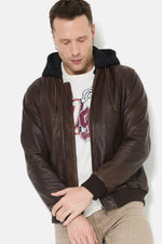 Brown leather jacket with removable black hood - Image n°1
