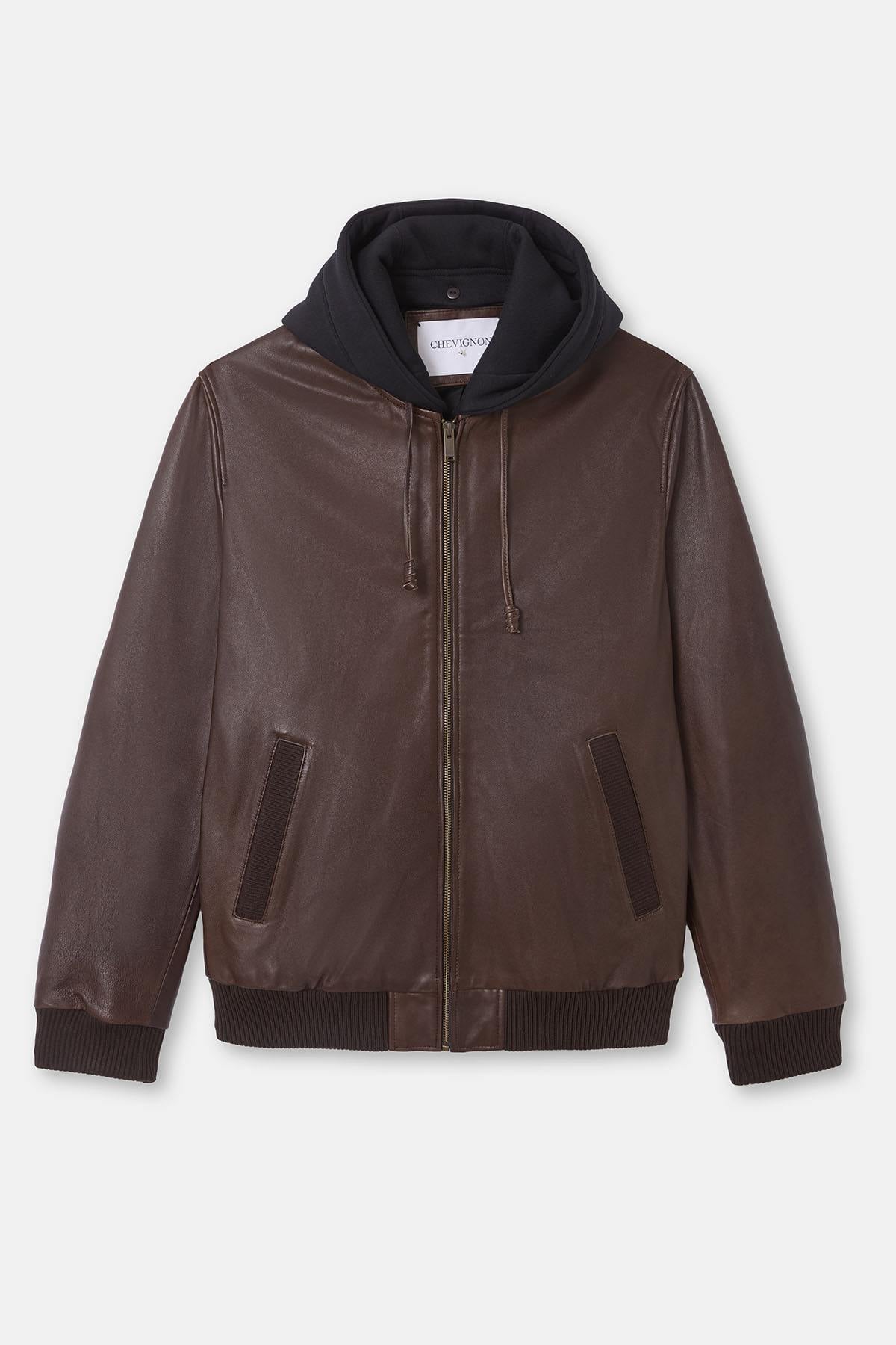 Brown leather jacket with removable black hood - Image n°7