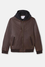 Brown leather jacket with removable black hood - Image n°7