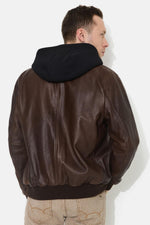 Brown leather jacket with removable black hood - Image n°2