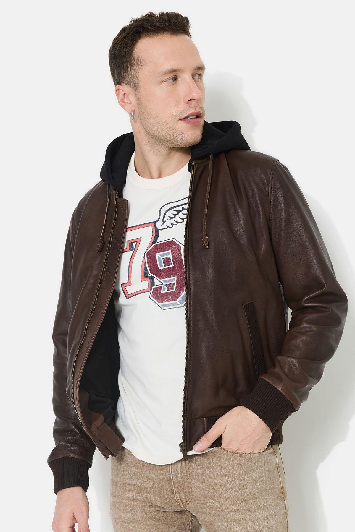 Brown leather jacket with removable black hood - Image n°5