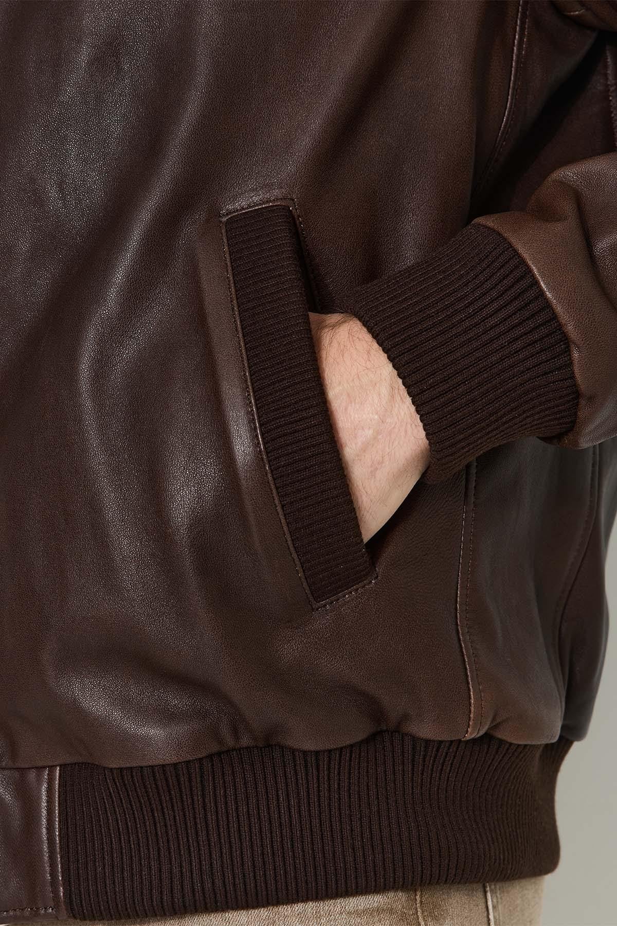 Brown leather jacket with removable black hood - Image n°4