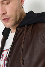 Brown leather jacket with removable black hood - Image n°3