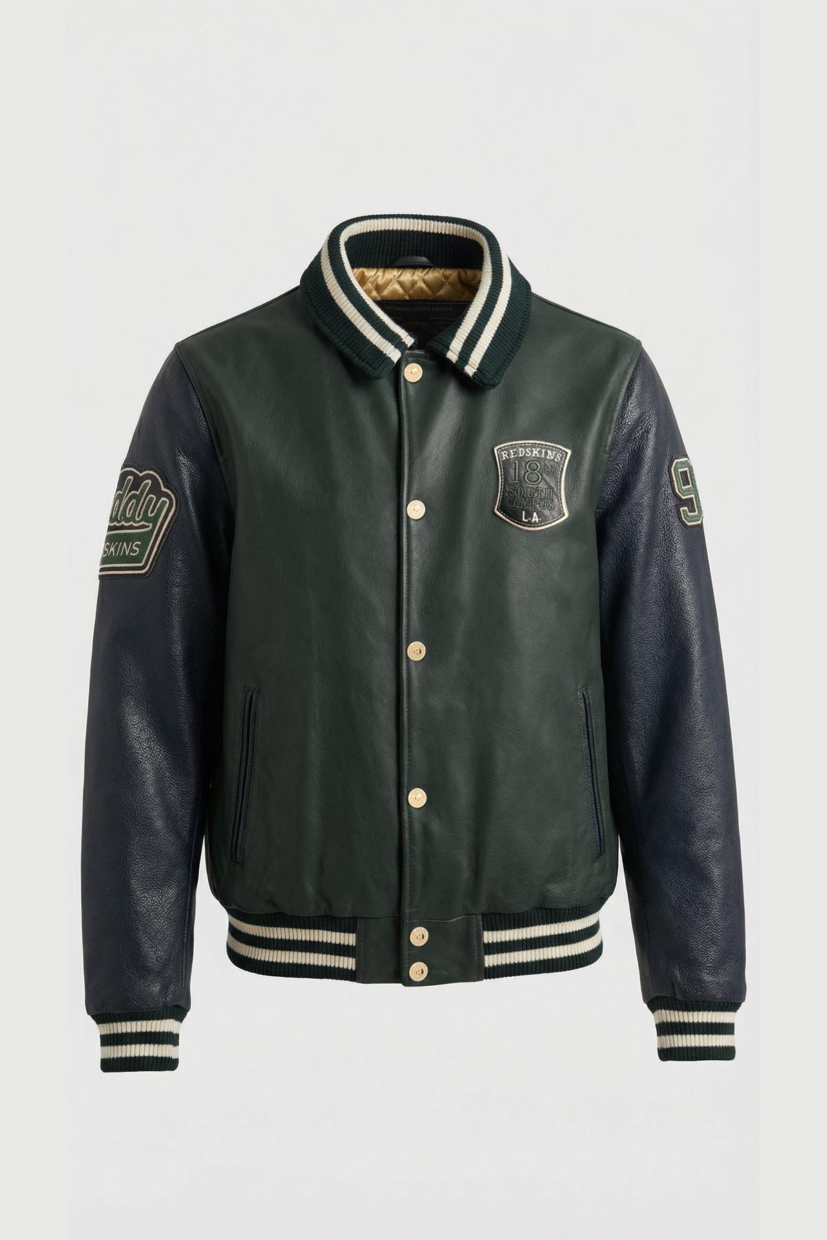 Green and black leather varsity jacket with shirt collar - Image n°2