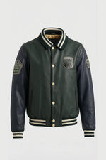 Green and black leather varsity jacket with shirt collar - Image n°2