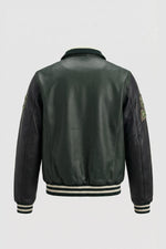 Green and black leather varsity jacket with shirt collar - Image n°3