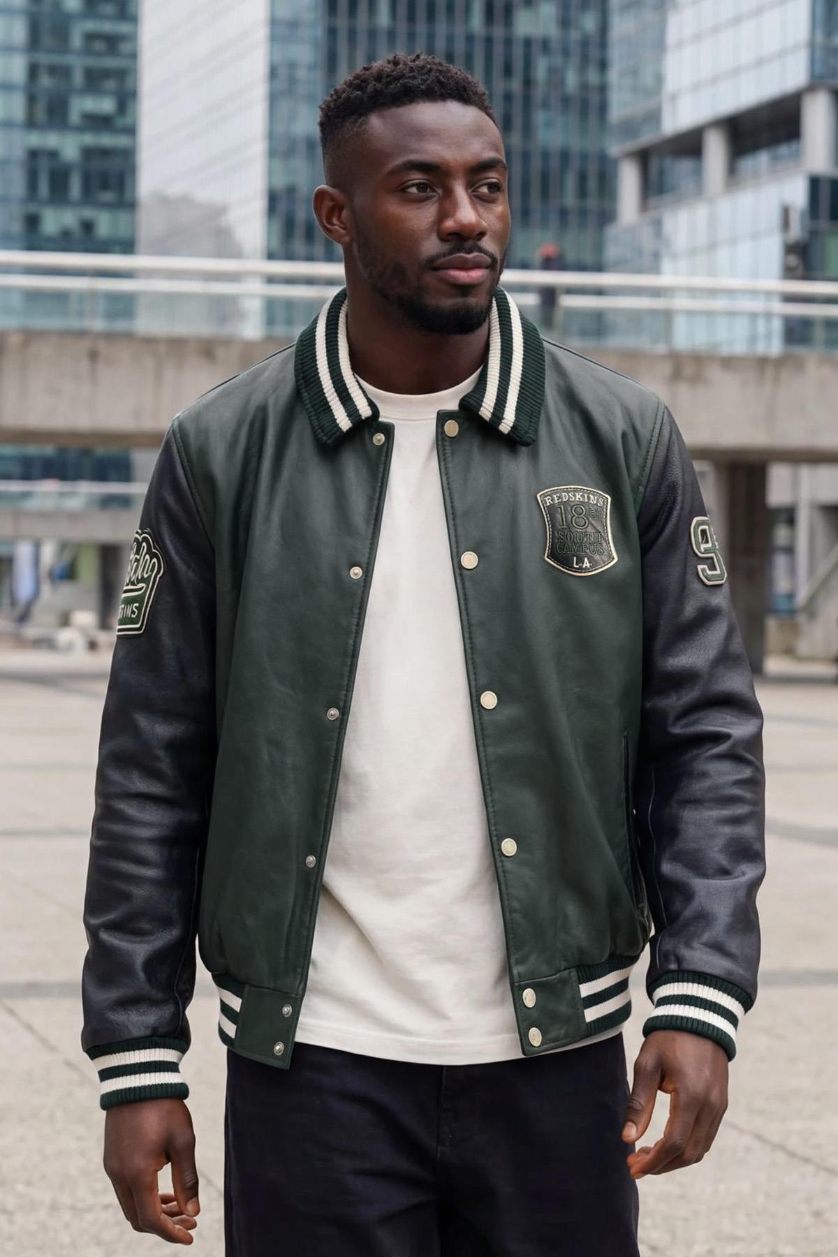 Green and black leather varsity jacket with shirt collar - Image n°1