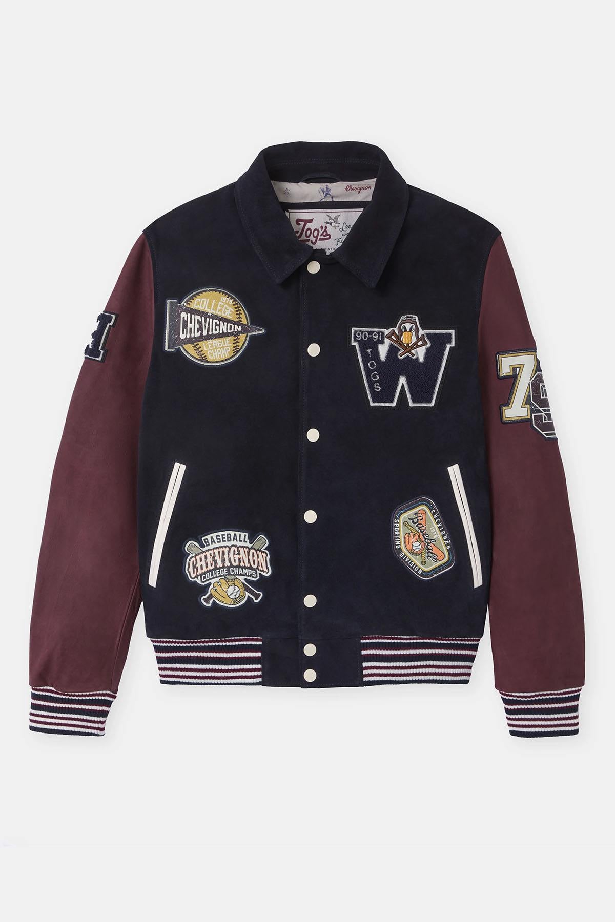Teddy varsity jacket in navy blue and burgundy leather - Image n°6