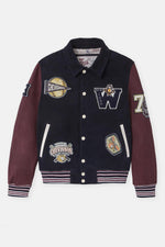 Teddy varsity jacket in navy blue and burgundy leather - Image n°6