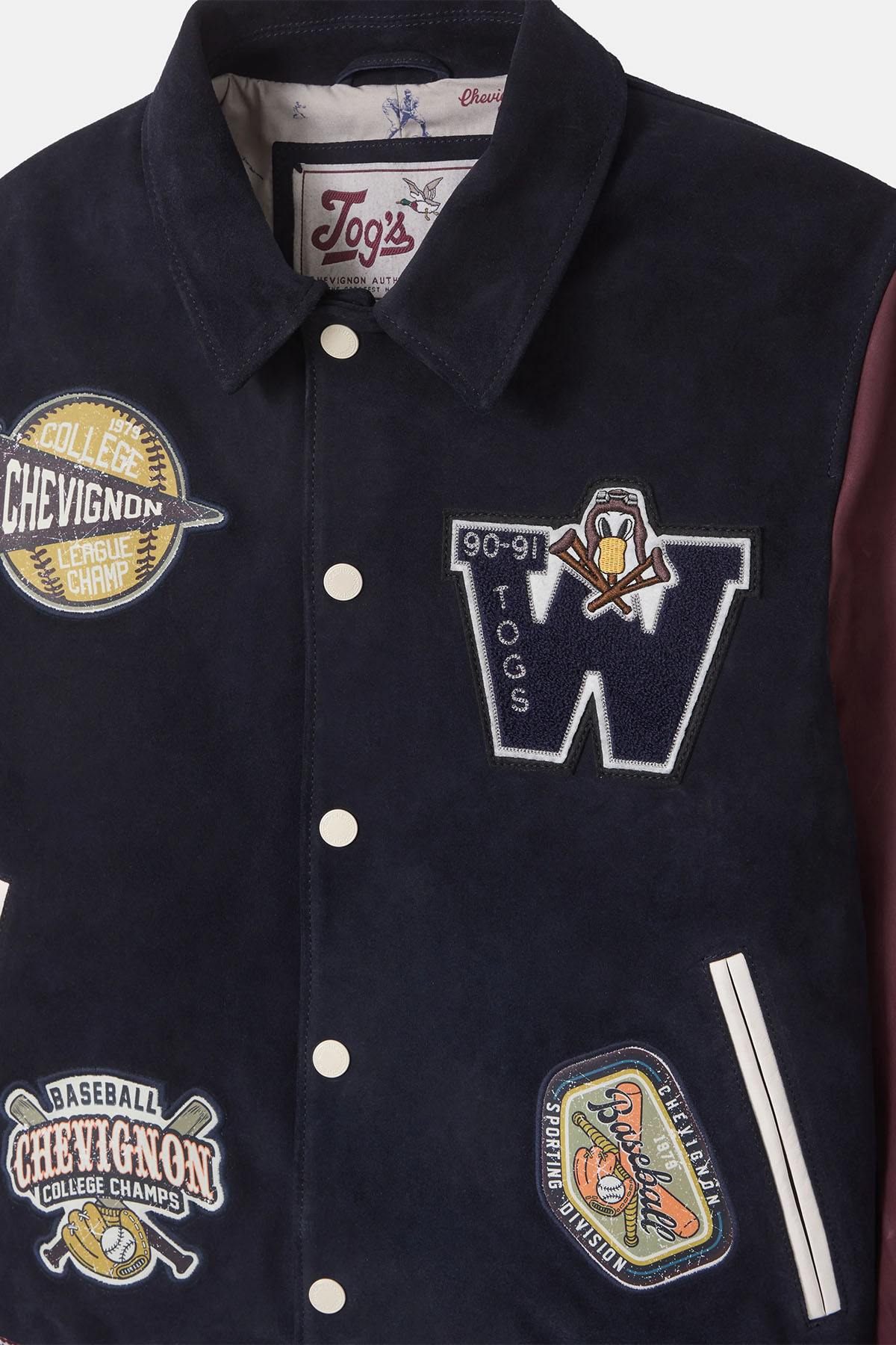 Teddy varsity jacket in navy blue and burgundy leather - Image n°7