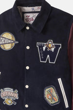 Teddy varsity jacket in navy blue and burgundy leather - Image n°7