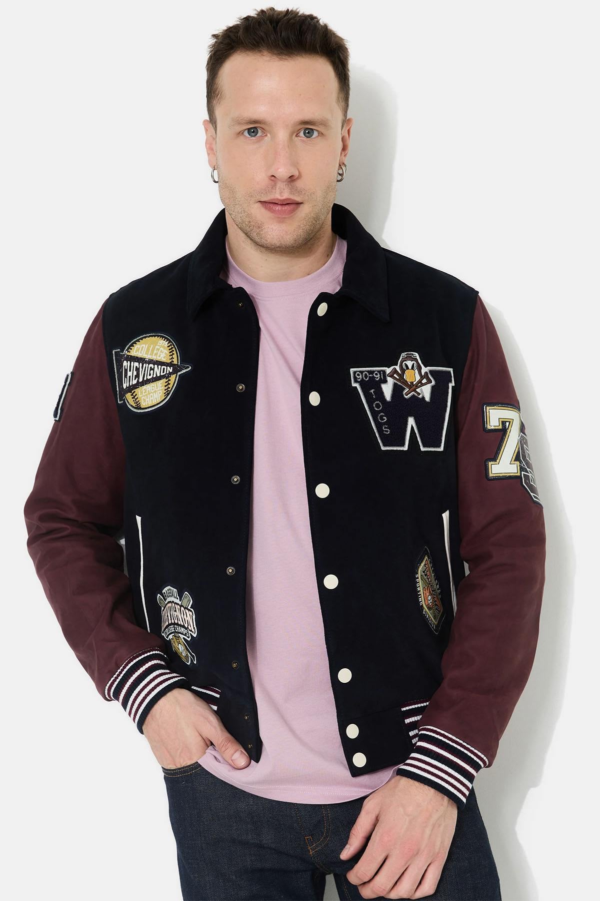 Teddy varsity jacket in navy blue and burgundy leather - Image n°1
