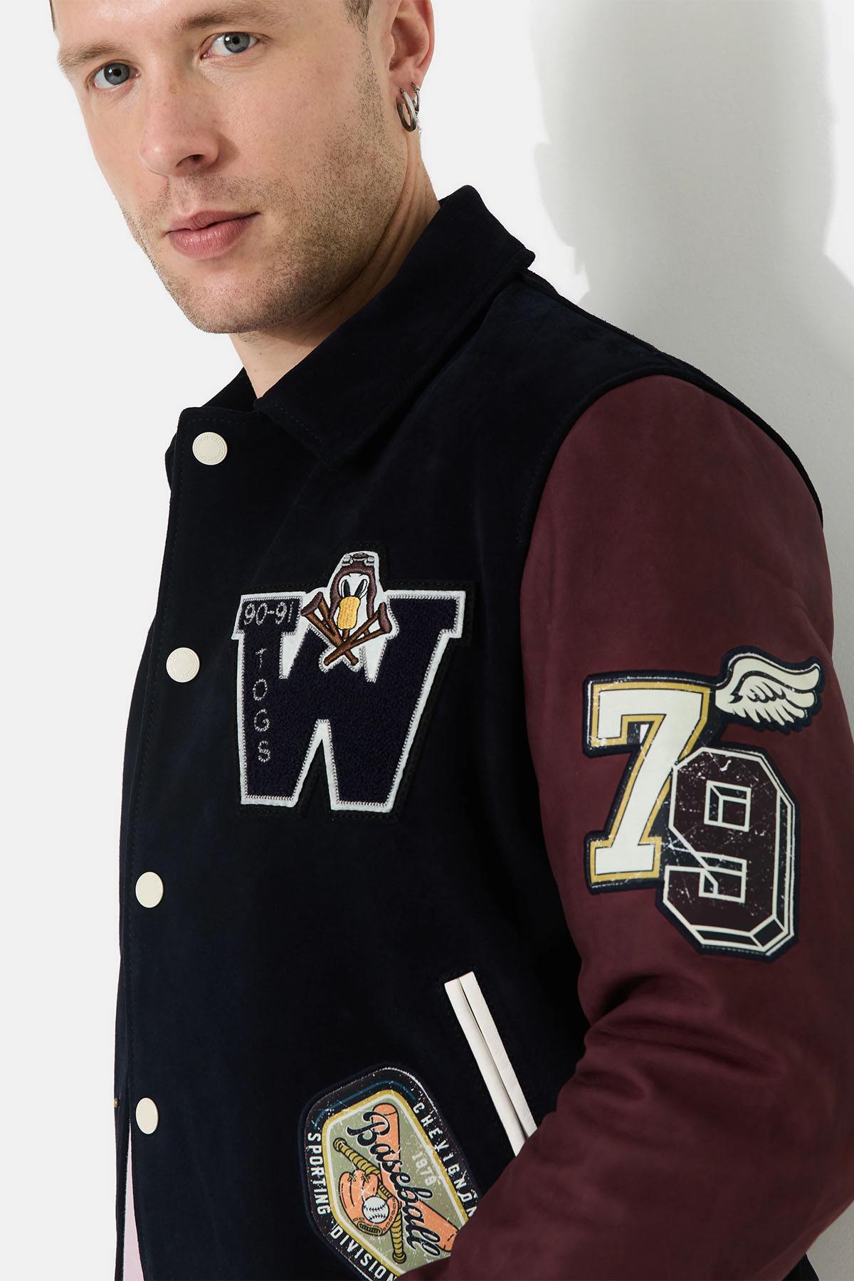Teddy varsity jacket in navy blue and burgundy leather - Image n°5
