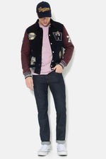 Teddy varsity jacket in navy blue and burgundy leather - Image n°2