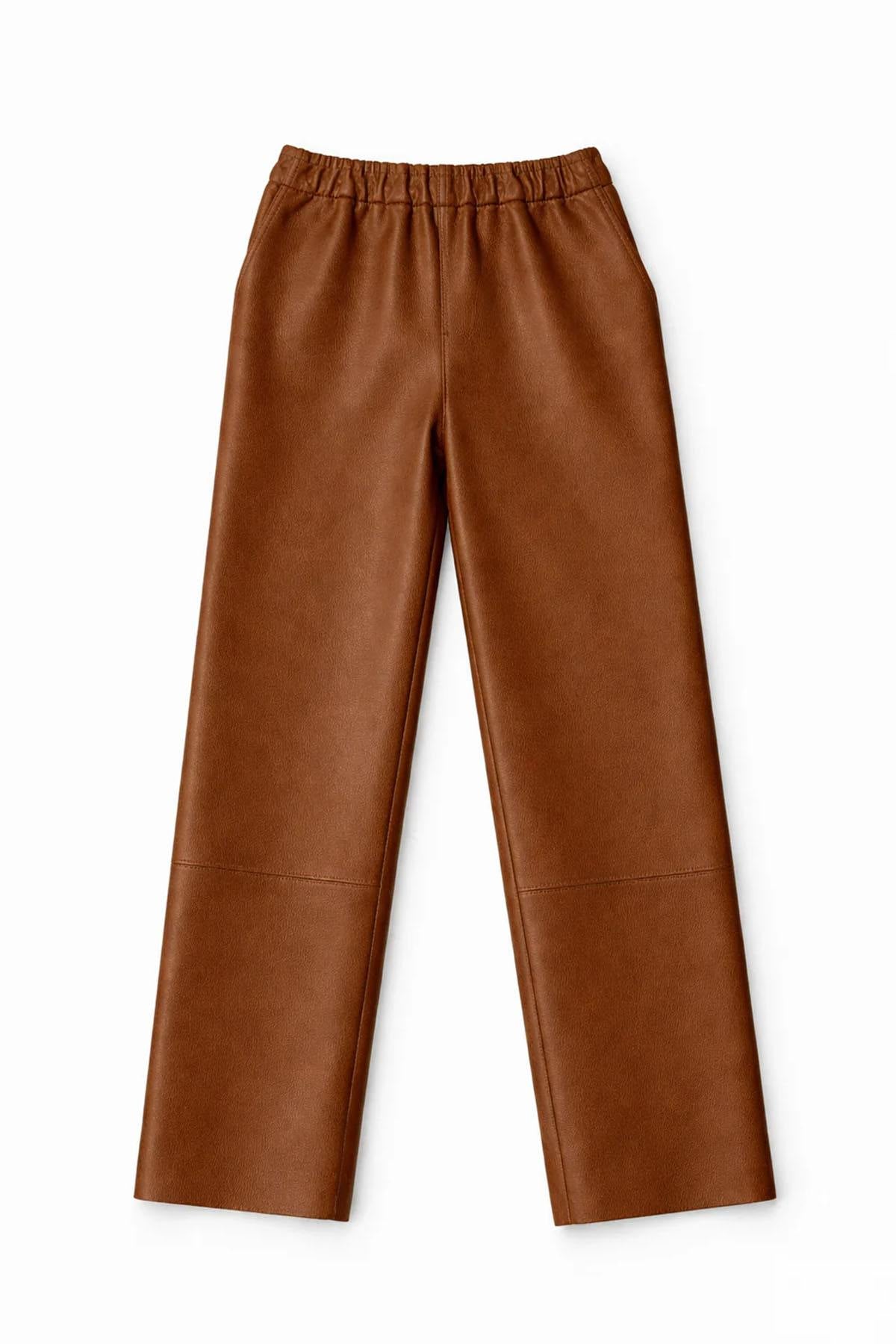 Cognac-colored leather trousers with elasticated waistband - Image n°5