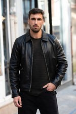 Black simple shirt-collar leather jacket - Image n°2