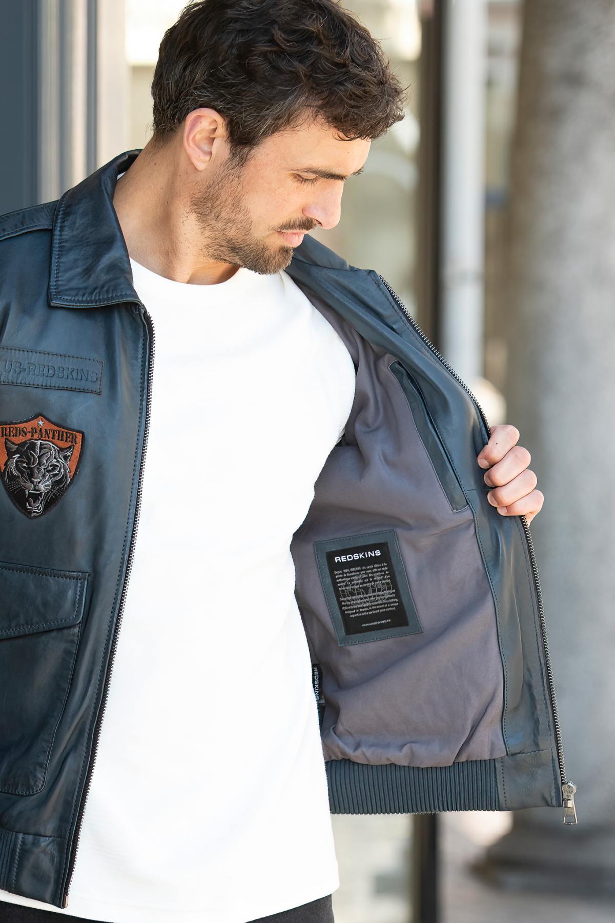Ocean blue leather aviator jacket with shirt collar - Image n°7